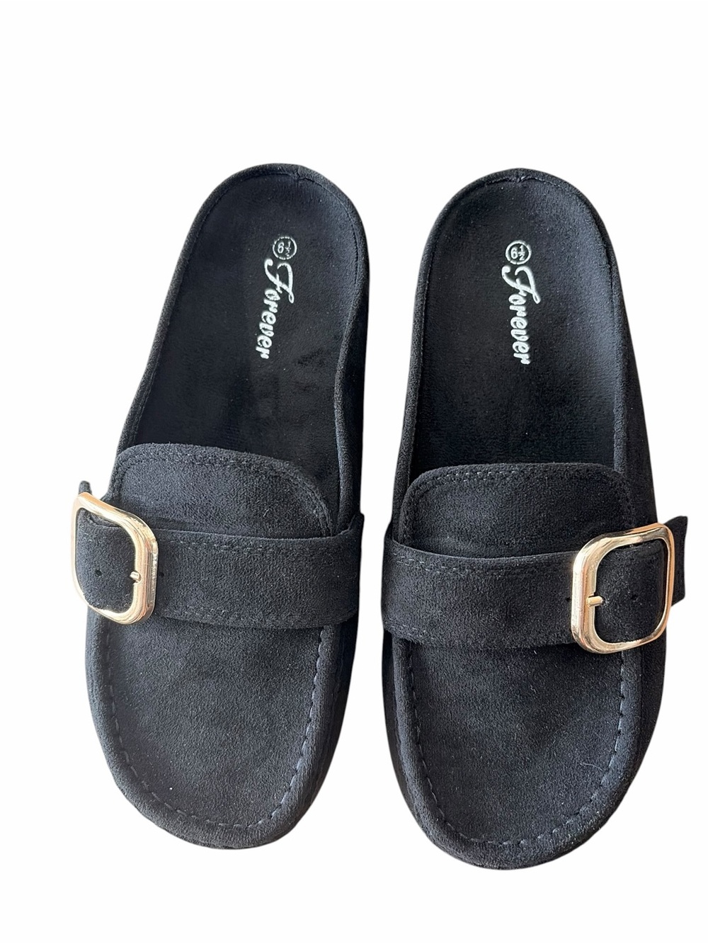Forever 21 Black Suede Slide Sandals with Gold Buckle
